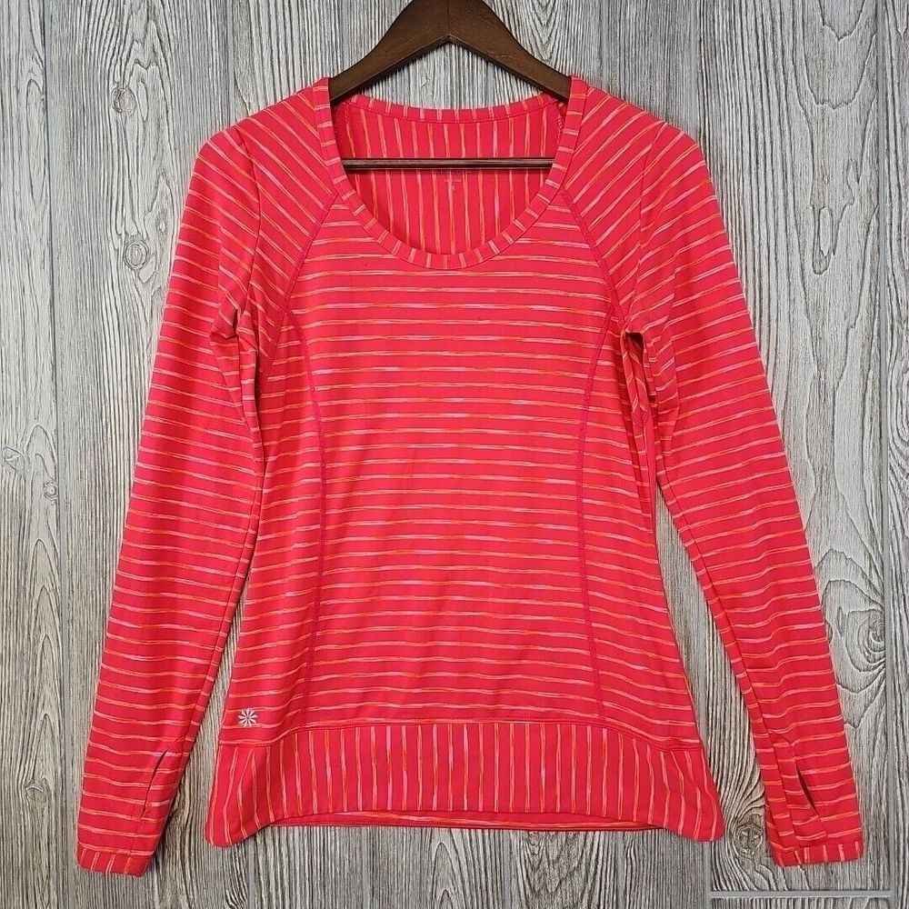 Athleta Coral Pop Space Dye Stripe Top Women's Small Thumbholes Athleisure Gym